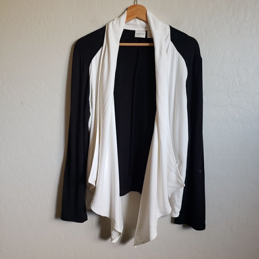 Chico's Zenergy Drapey Open Front Colorblock Cardigan Black/White Size Women's L